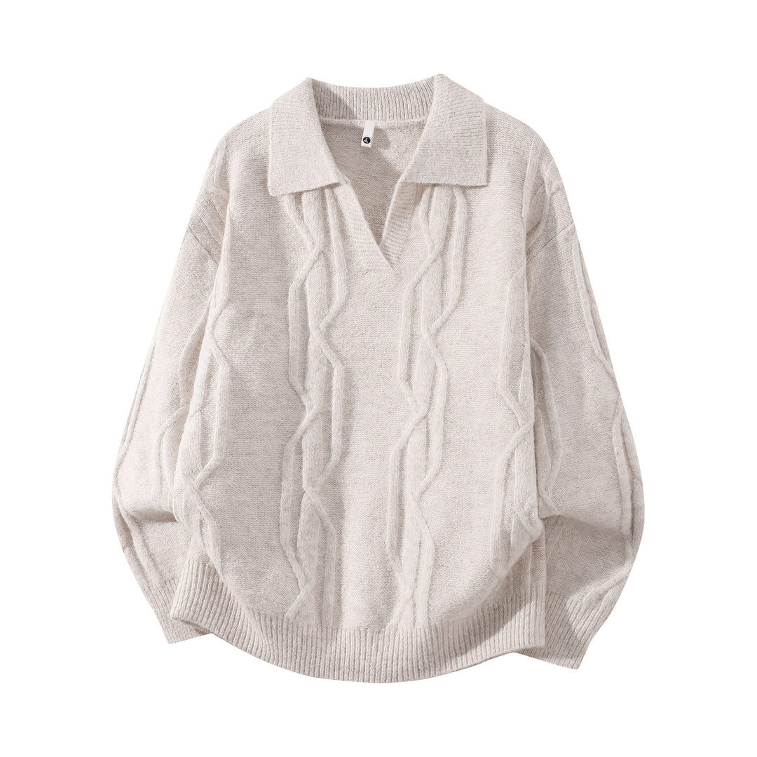 Women Oversize Mohair-Optic Cable Knit Sweater with Polo Collar and V-Neck Mune Fashion