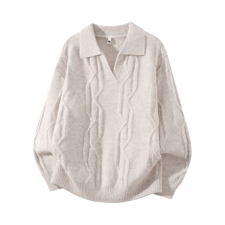Women Oversize Mohair-Optic Cable Knit Sweater with Polo Collar and V-Neck Mune Fashion