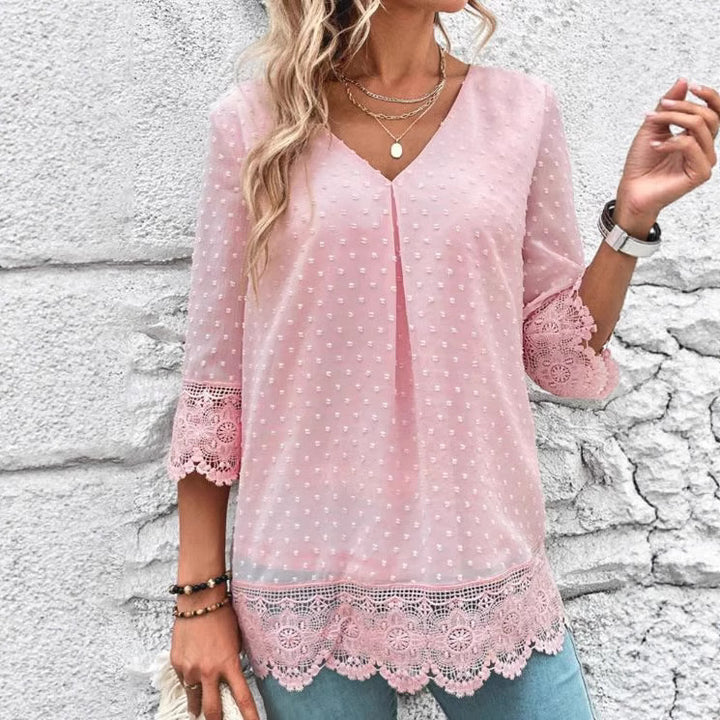 Women nan feminine chiffon tunic with dot relief, V-neck and crochet lace trim Mune Fashion