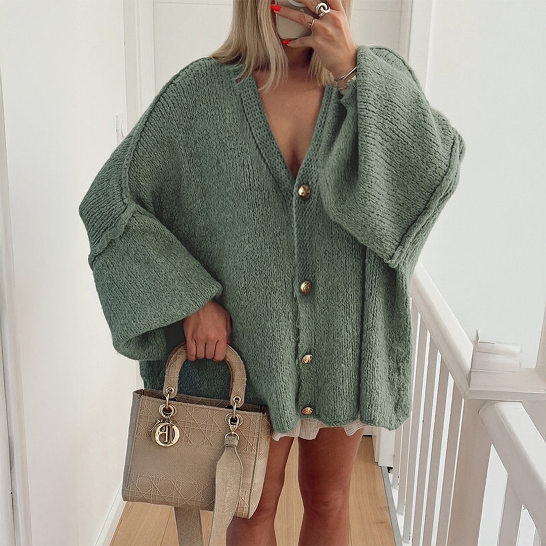 Women's Boucle Oversize Cardigan with Deep V-Neck, Kimono Sleeves and Gold Decorative Buttons Mune Fashion