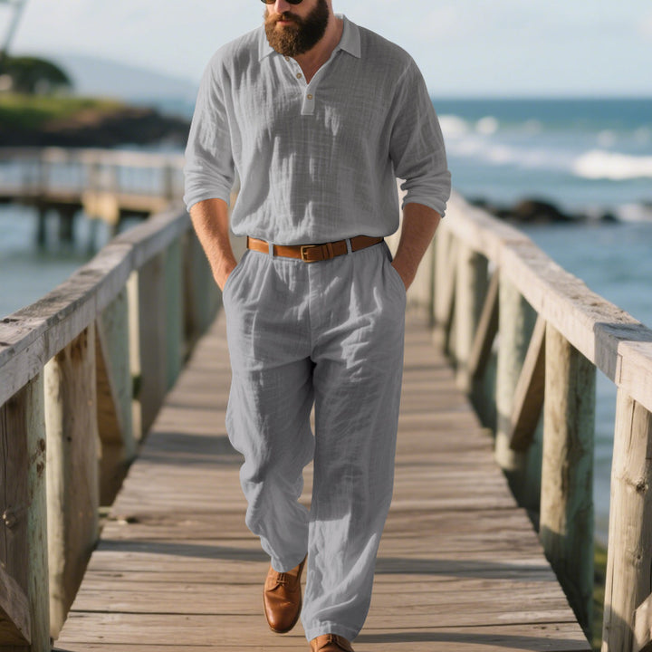 Men's airy linen two-piece set with V-neck shirt and loose pleated trousers Mune Fashion