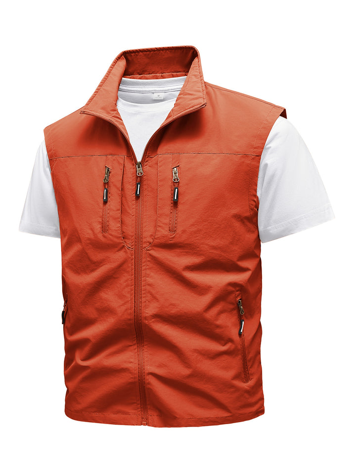 Men's nan multifunctional outdoor vest with standing collar and multiple zippered pockets