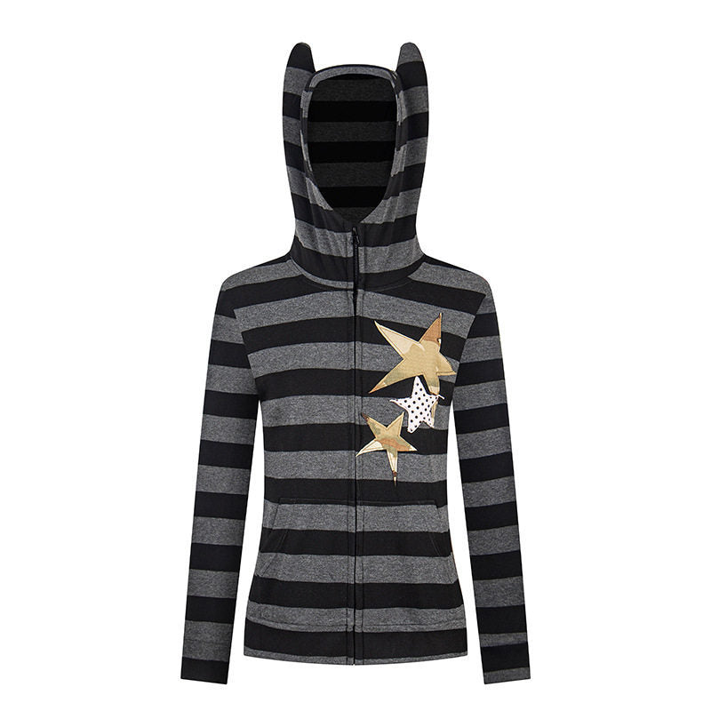 Women's hooded jacket with ears, striped zip cardigan and star appliqués Mune Fashion