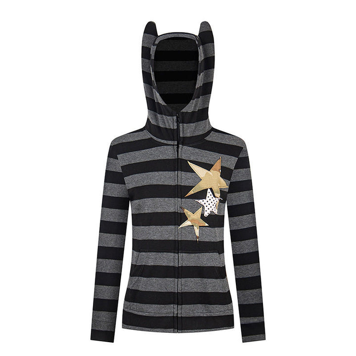Women's hooded jacket with ears, striped zip cardigan and star appliqués Mune Fashion