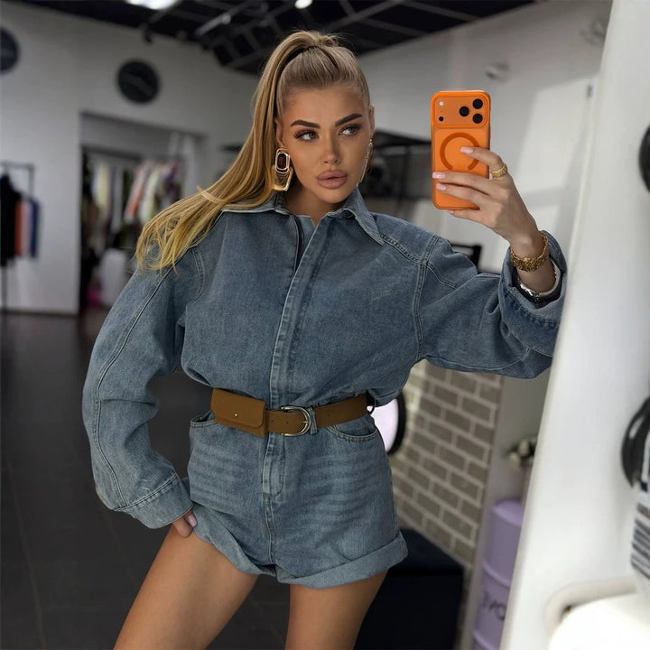 Women's Denim Shorts Overall with Boxy Shirt Top and Waist Belt Mune Fashion