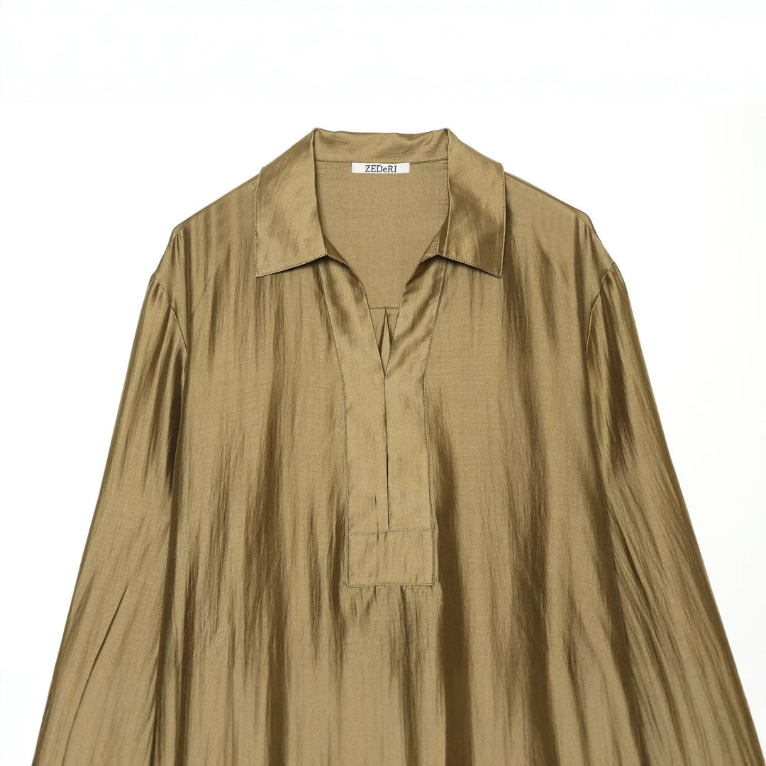 Ladies Oversize Tunic Blouse made of shimmering crepe look with shirt collar and V-neck Drune