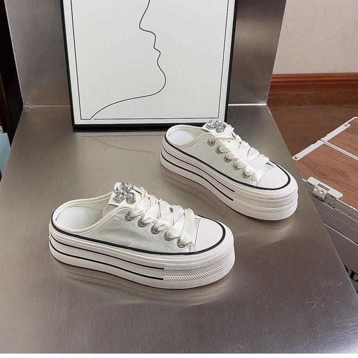 Ladies fashionable Slip-On Sneakers with sturdy platform and elegant satin straps Mune Fashion