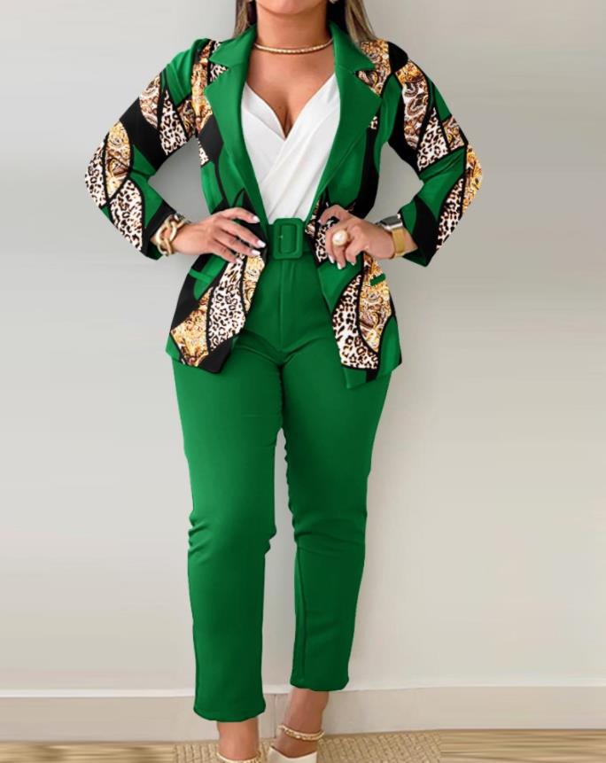 Women's tailoring set with animal print lapel, tailored belt blazer and high-waist slim pants Mune Fashion