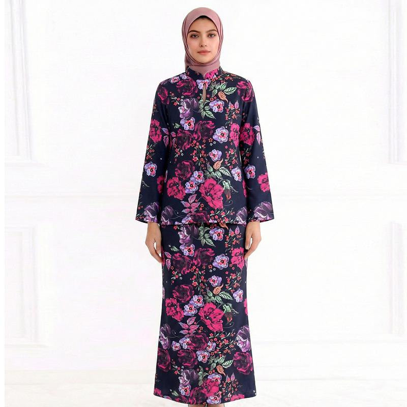 Ladies Two-Piece Modest Set consisting of Tunic with Stand-up Collar and Straight Maxi Skirt with Floral Print Mune Fashion