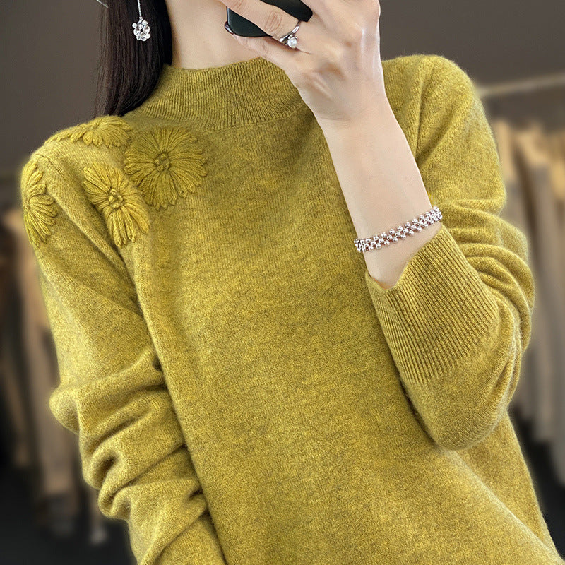 Women Soft Fine Knit Sweater with Short Stand-Up Collar, 3D Flower Application and Ribbed Cuffs Mune Fashion