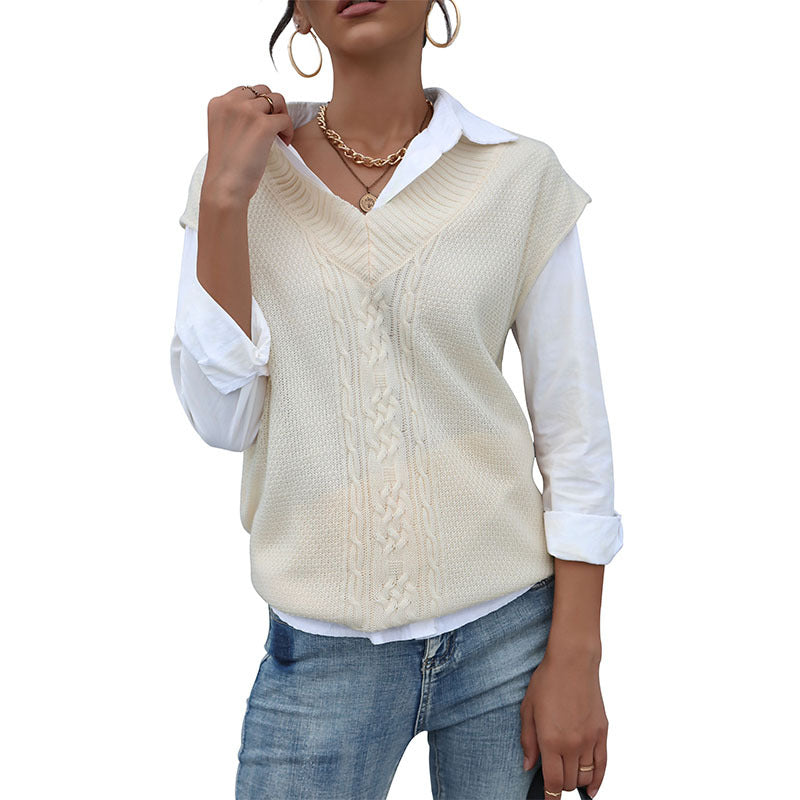 Ladies Long Knit Vest with Cable Pattern and V-Neck Mune Fashion