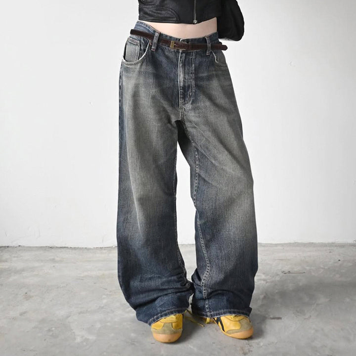 Women High-Waist Jeans with Wide Leg and Gradient Wash Mune Fashion