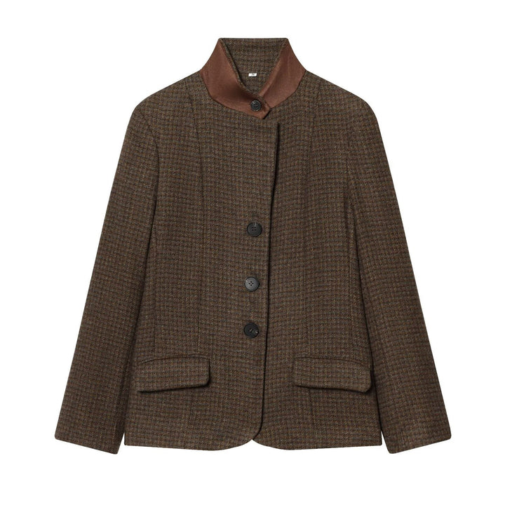 Women Short Tweed Blazer with Standing Collar, Button Placket and Flap Pockets Mune Fashion