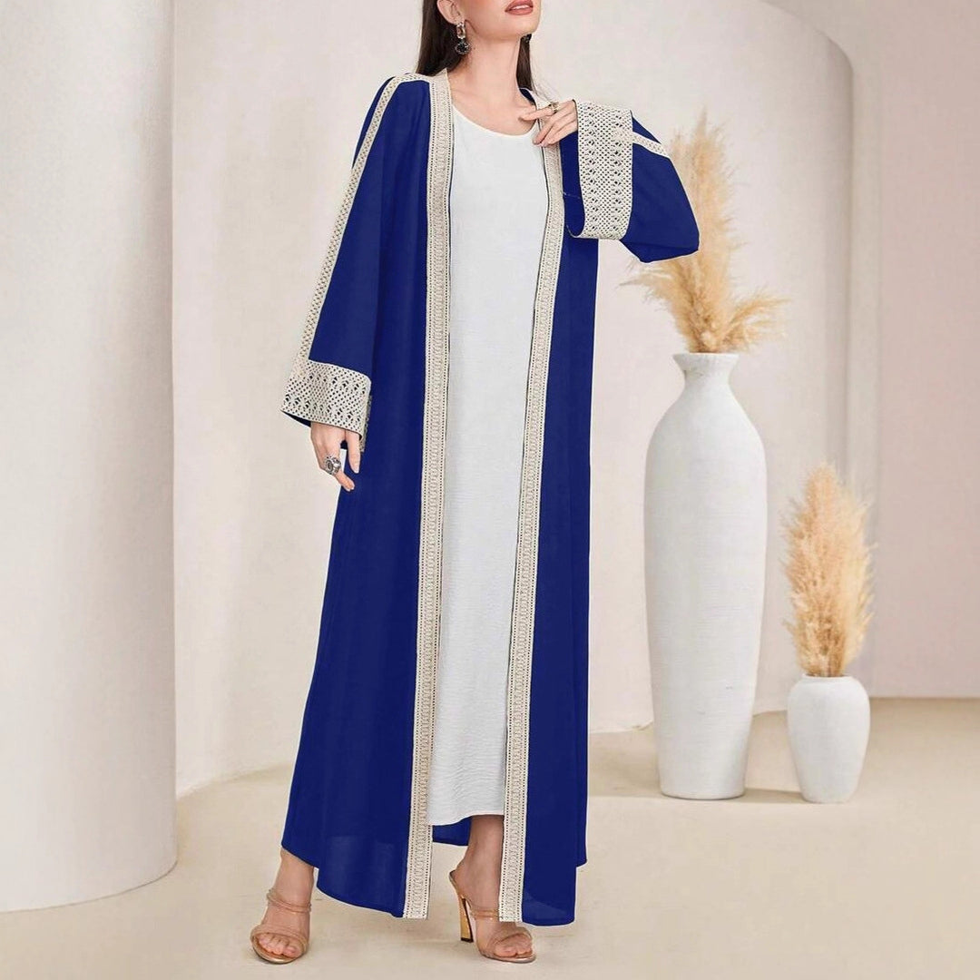 Ladies Long Open-Front Kaftan Coat with Crochet Lace Trim Mune Fashion