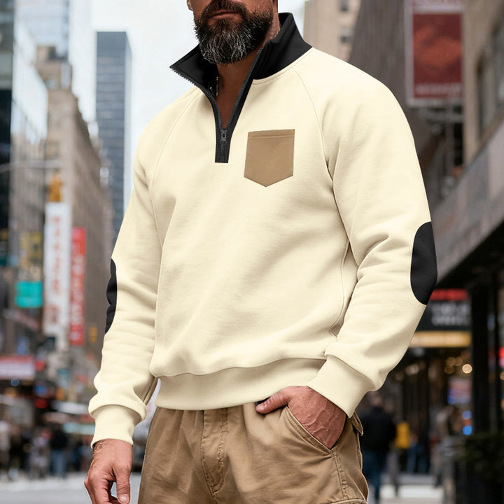 Men's Nan Quarterzip Sweatshirt with Stand-Up Collar, Contrasting Zipper, Elbow Patches, and Chest Pocket Mune Fashion
