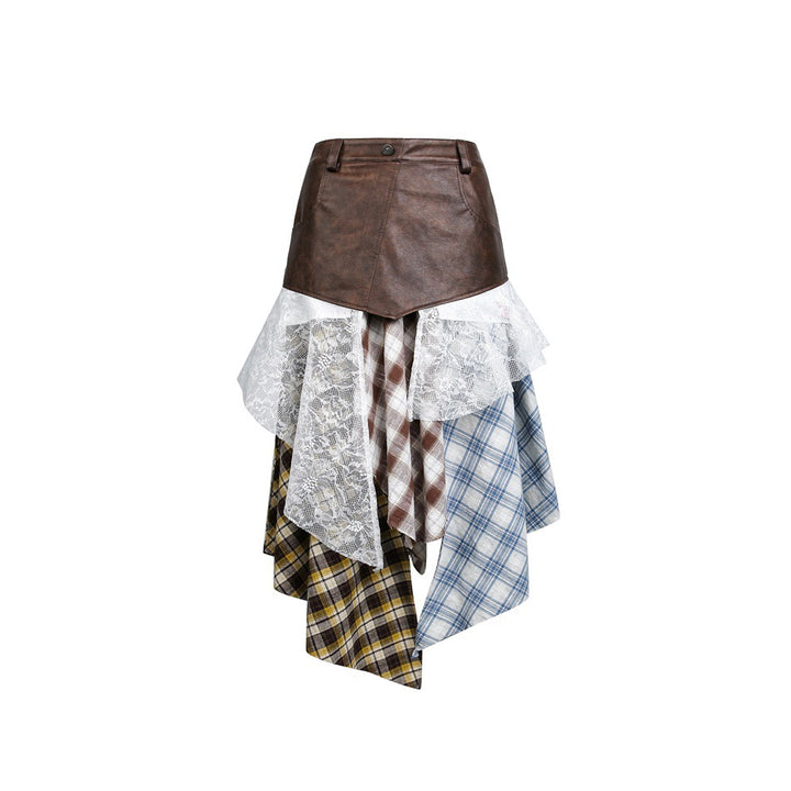 Women Asymmetrical Layered Skirt with Faux Leather Waistband and Plaid Mix Mune Fashion