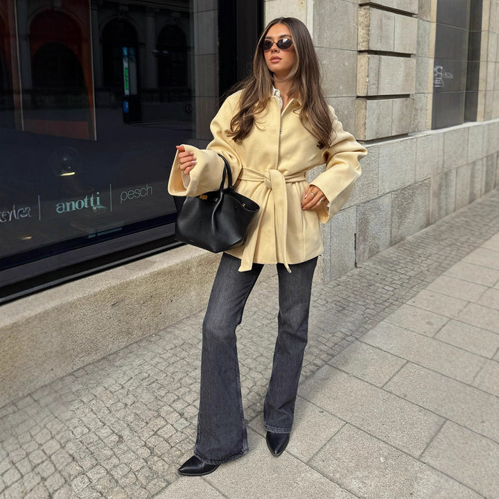 Women Wool Blend Short Jacket with Tying Belt, Boxy Silhouette and Subtle Lapel Mune Fashion