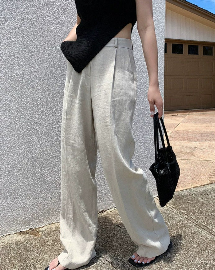 Women Wide Linen Blend Pants with High Waist, Crease and Side Pockets Mune Fashion