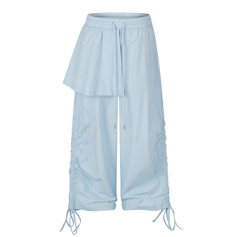 Women Wide Capri Pants with Drawstring, Side Gather and Asymmetrical Overlay Mune Fashion