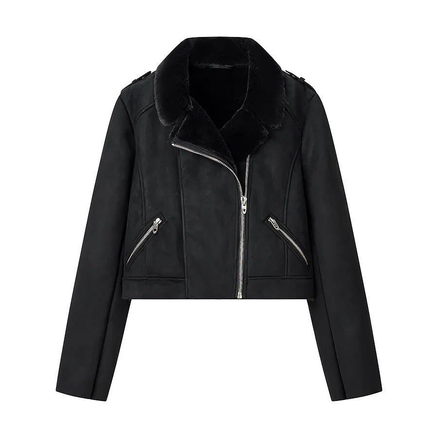 Women's short biker jacket made of suede imitation with teddy lining and asymmetric metal zipper Mune Fashion