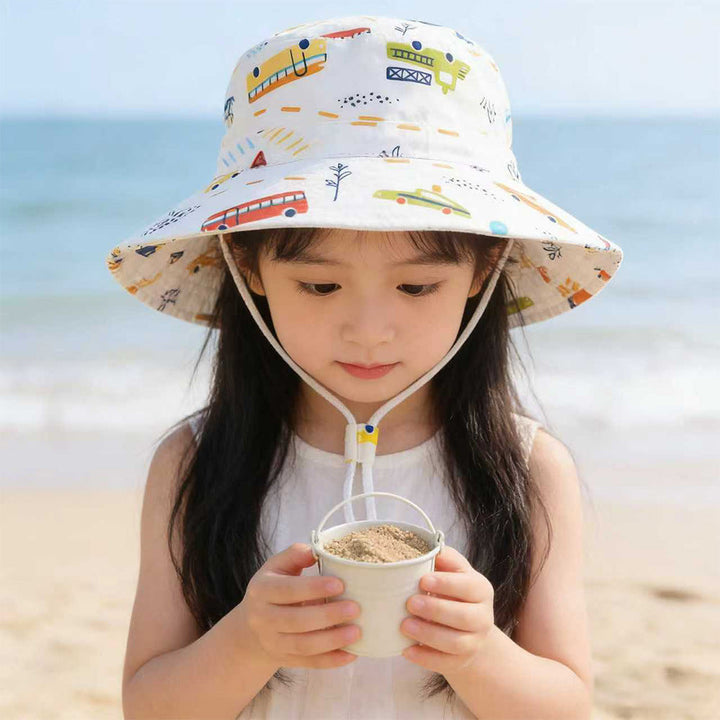 Unisex children's sun hat with wide brim adjustable chin strap and unicorn print Mune Fashion