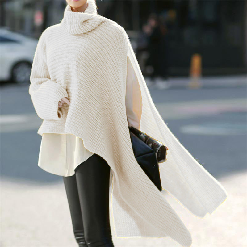 Women Asymmetrical Roll Neck Poncho with Side Cape Detail Mune Fashion