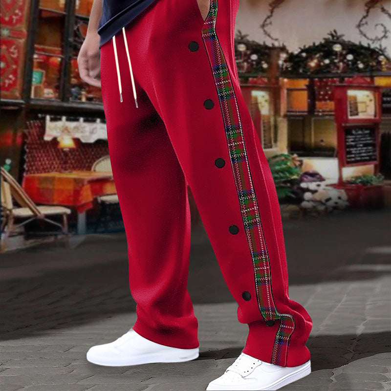 Men's casual jogging pants with checkered side piping, snap button placket, and ankle slits Mune Fashion