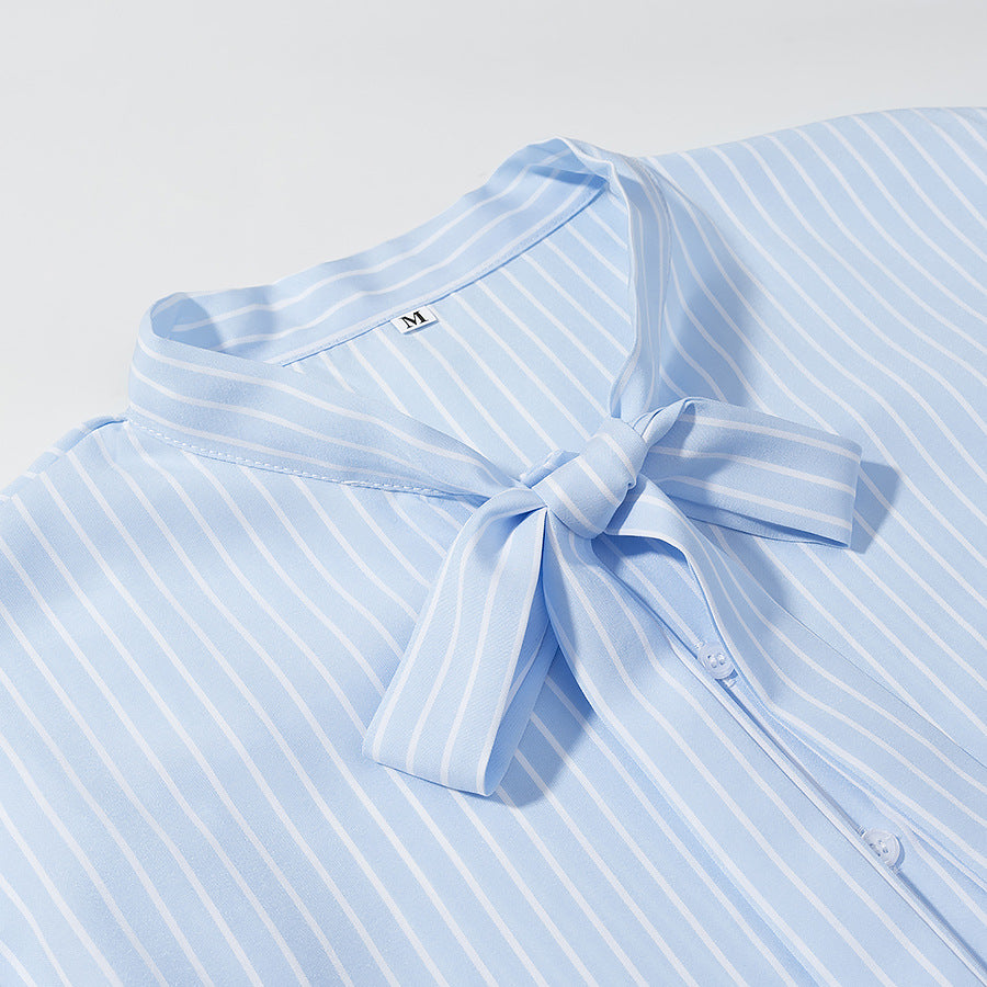 Women Striped Blouse with Bow Collar and Full Button Placket Mune Fashion