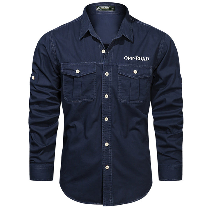Men's robust utility shirt with double chest pockets and arm roll tab