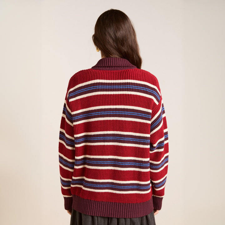 Women’s Oversize Knit Sweater with Polo Collar & Multi-layered Stripe Relief Mune Fashion