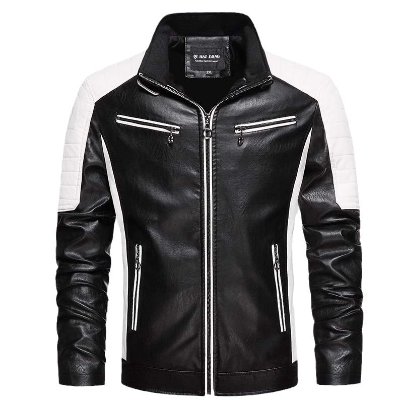 Men's biker faux leather jacket in racing style with stand-up collar and zippered pockets Mune Fashion