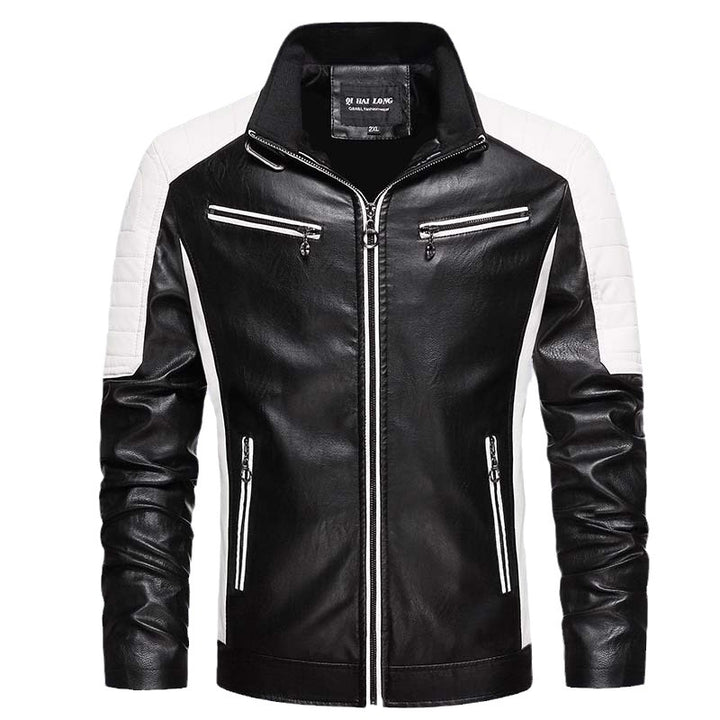 Men's biker faux leather jacket in racing style with stand-up collar and zippered pockets Mune Fashion