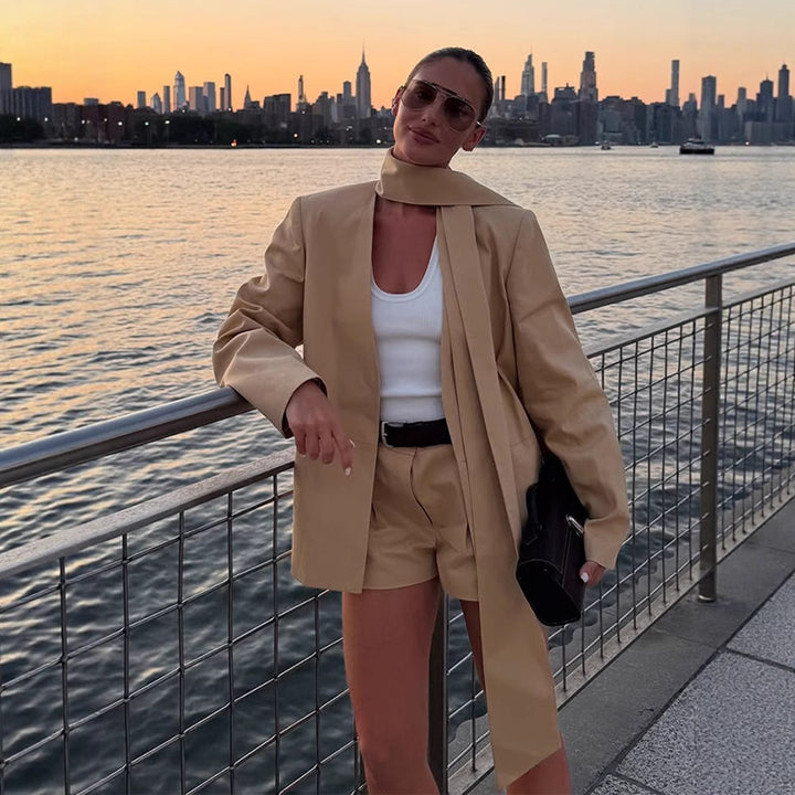 Women's Two-Piece Blazer Set with Long Shawl Collar and High-Waisted Shorts Mune Fashion