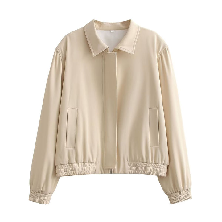 Women Minimalistic Harrington Bomber Jacket with Concealed Front Placket and Gathered Hem Mune Fashion