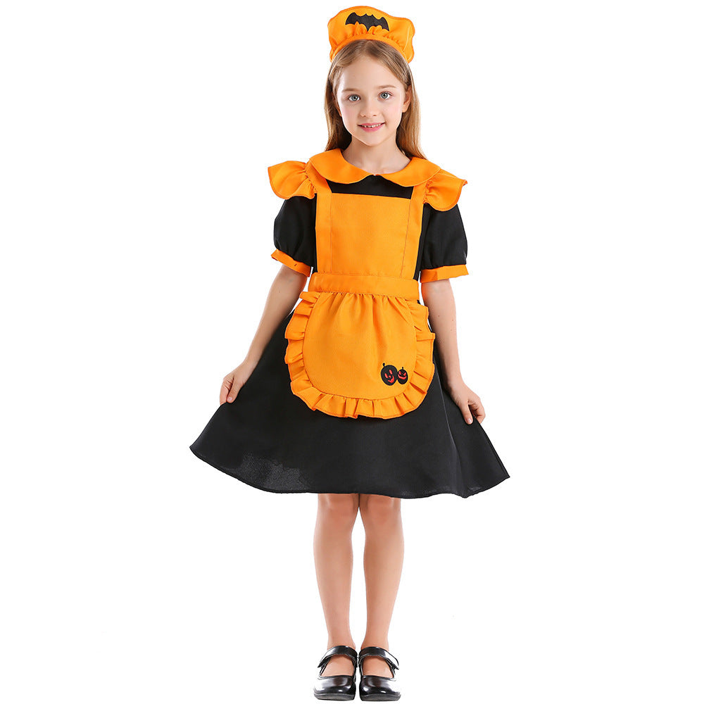 Girls Pumpkin Fairy Costume with Swinging Skirt and Chic Apron Design Mune Fashion