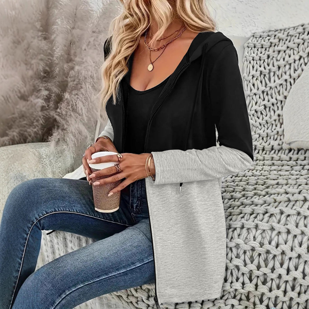 Women's hooded sweat jacket with color block, zipper and casual longline silhouette Mune Fashion