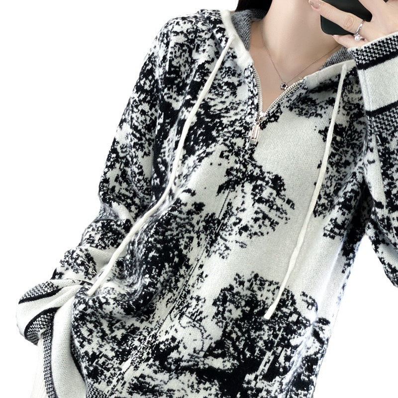 Women's Oversize Jacquard Cardigan with Hood and Zipper Mune Fashion