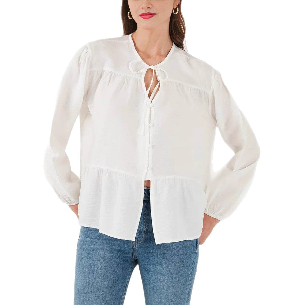 Women's loose-fitting cotton blouse with ruffle tier and tie collar Mune Fashion