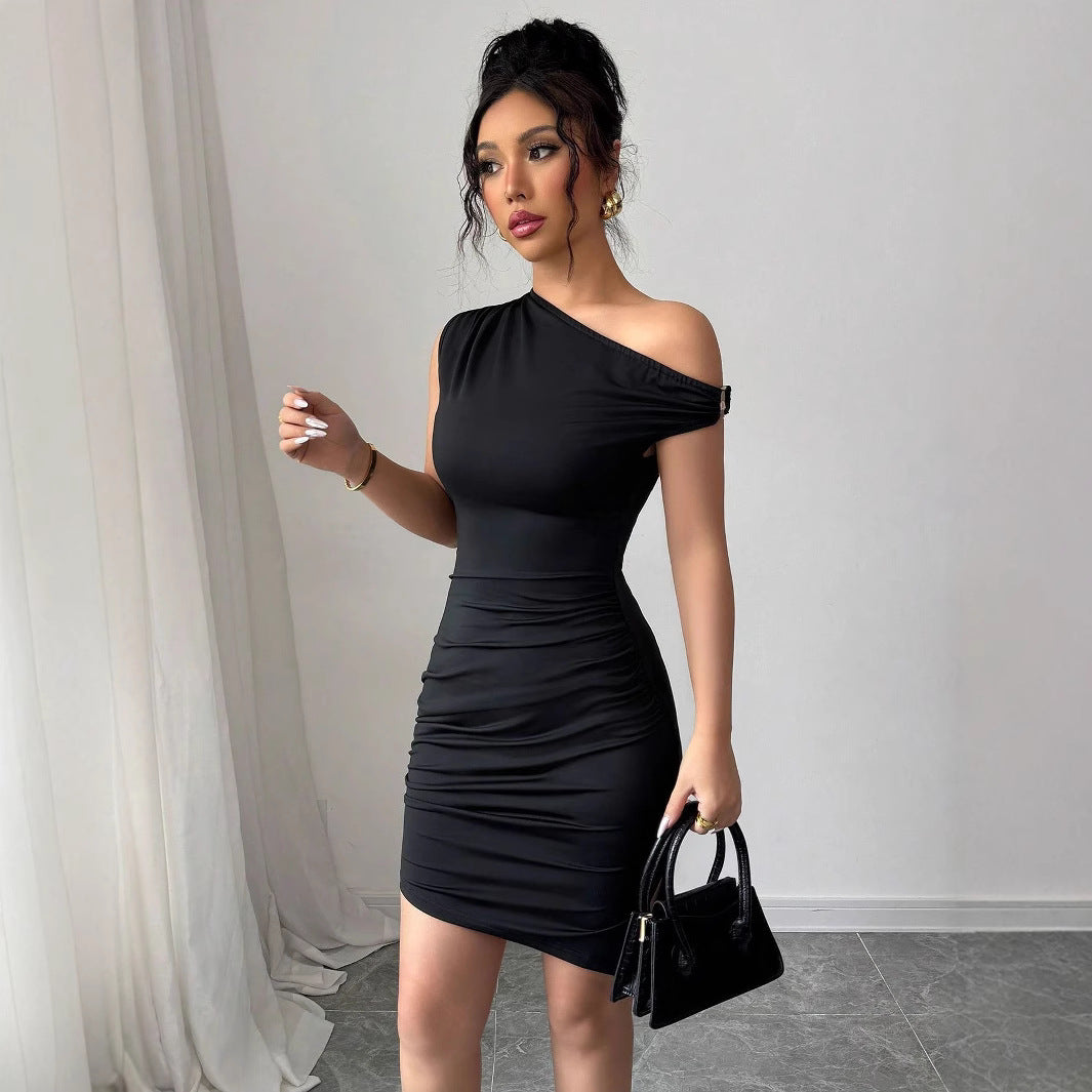 Women’s asymmetrical one-shoulder mini dress with waist gathering and figure-hugging stretch fit Mune Fashion