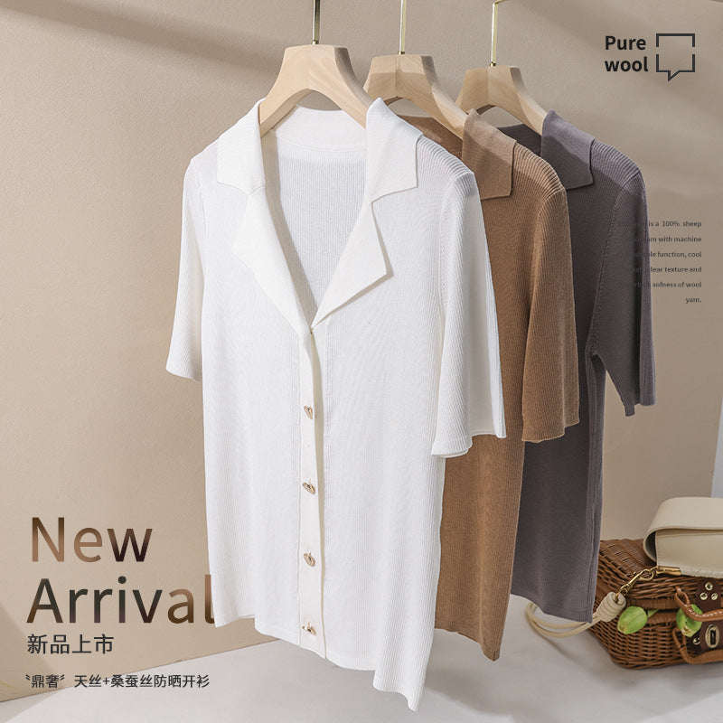Ladies short sleeve ribbed knit cardigan with lapel collar and decorative button placket Mune Fashion