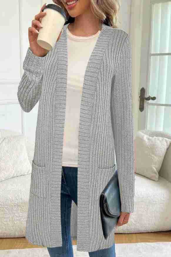 Women Longline Ribbed Knit Cardigan with Pockets Mune Fashion