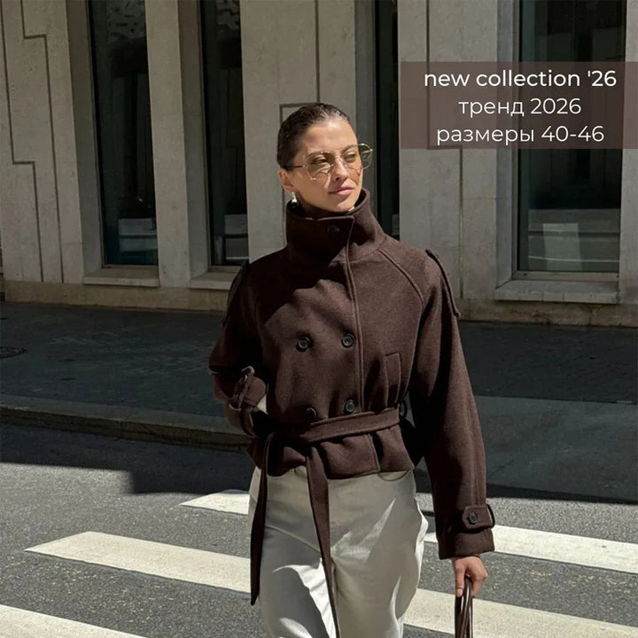 Ladies short cut wool blend jacket with high stand-up collar and waist belt Mune Fashion