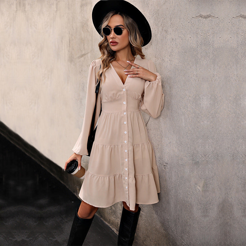 Women's Playful Tiered Dress with V-Neck, Continuous Button Placket, and Fitted Insert Mune Fashion