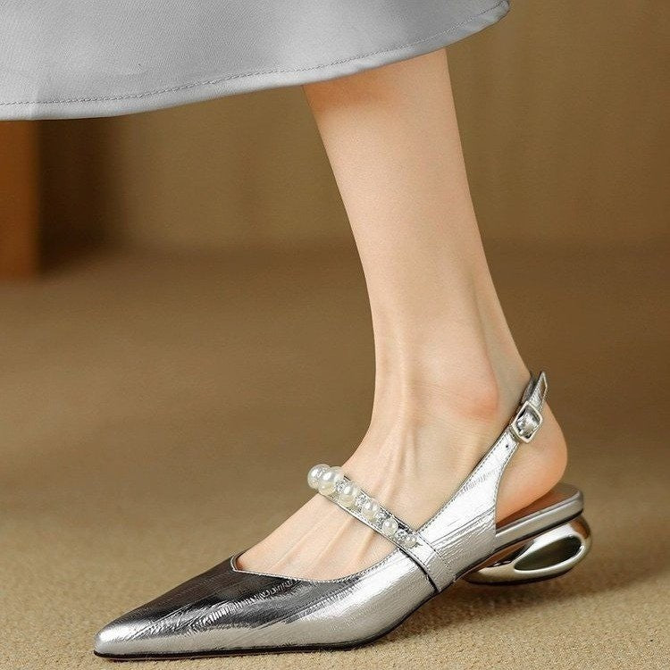 Women's lace Slingback Mules with pearl strap and sculptural heel Mune Fashion