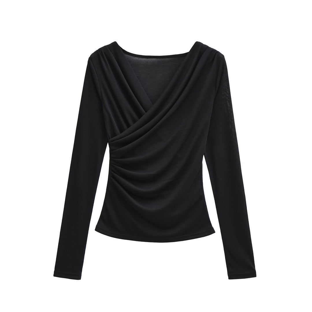 Women's Draped Long Sleeve with V-Neck and Side Gathering Mune Fashion