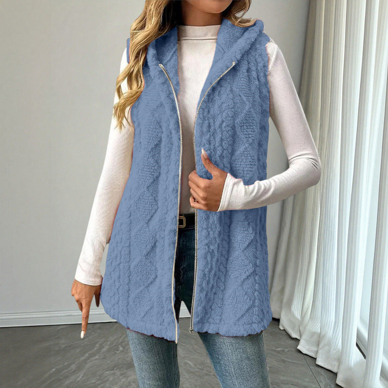 Women's Hooded Teddy Vest with Zipper and Structured Knit Look Mune Fashion
