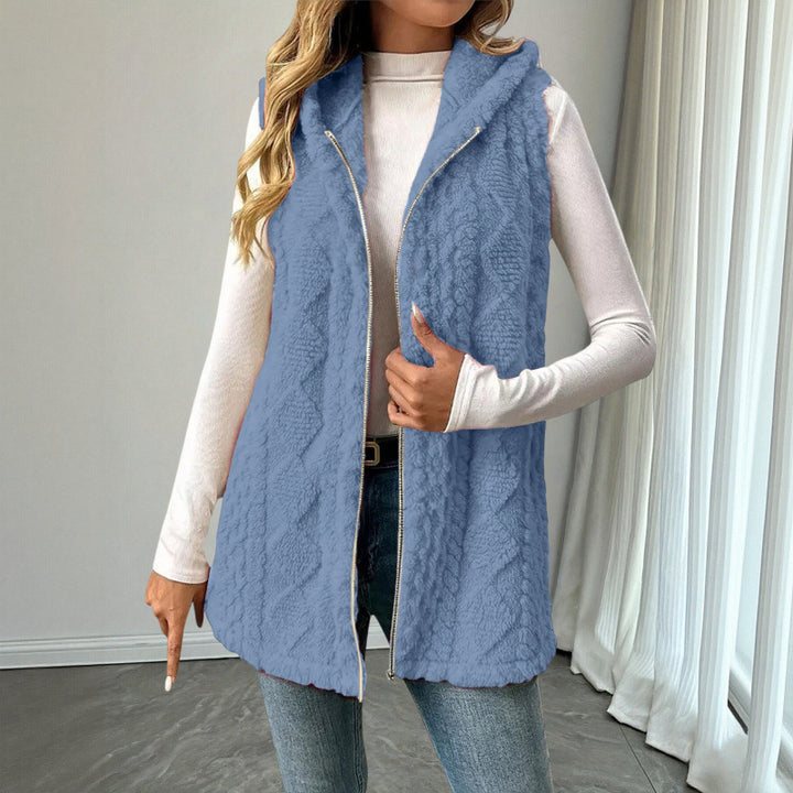 Women's Hooded Teddy Vest with Zipper and Structured Knit Look Mune Fashion