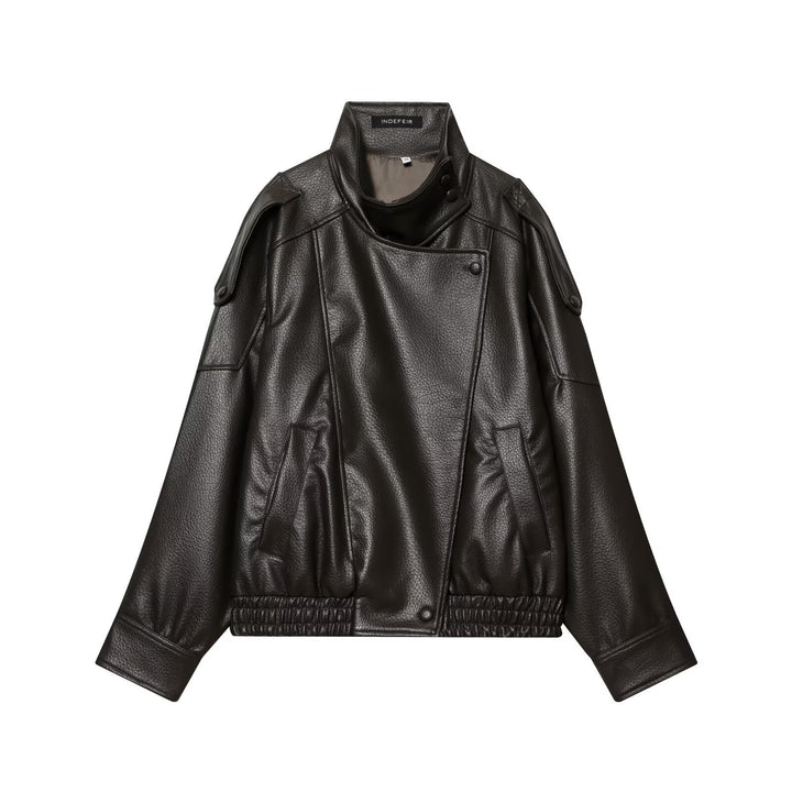 Ladies short-cut faux leather pilot jacket with high stand-up collar and shoulder straps Mune Fashion