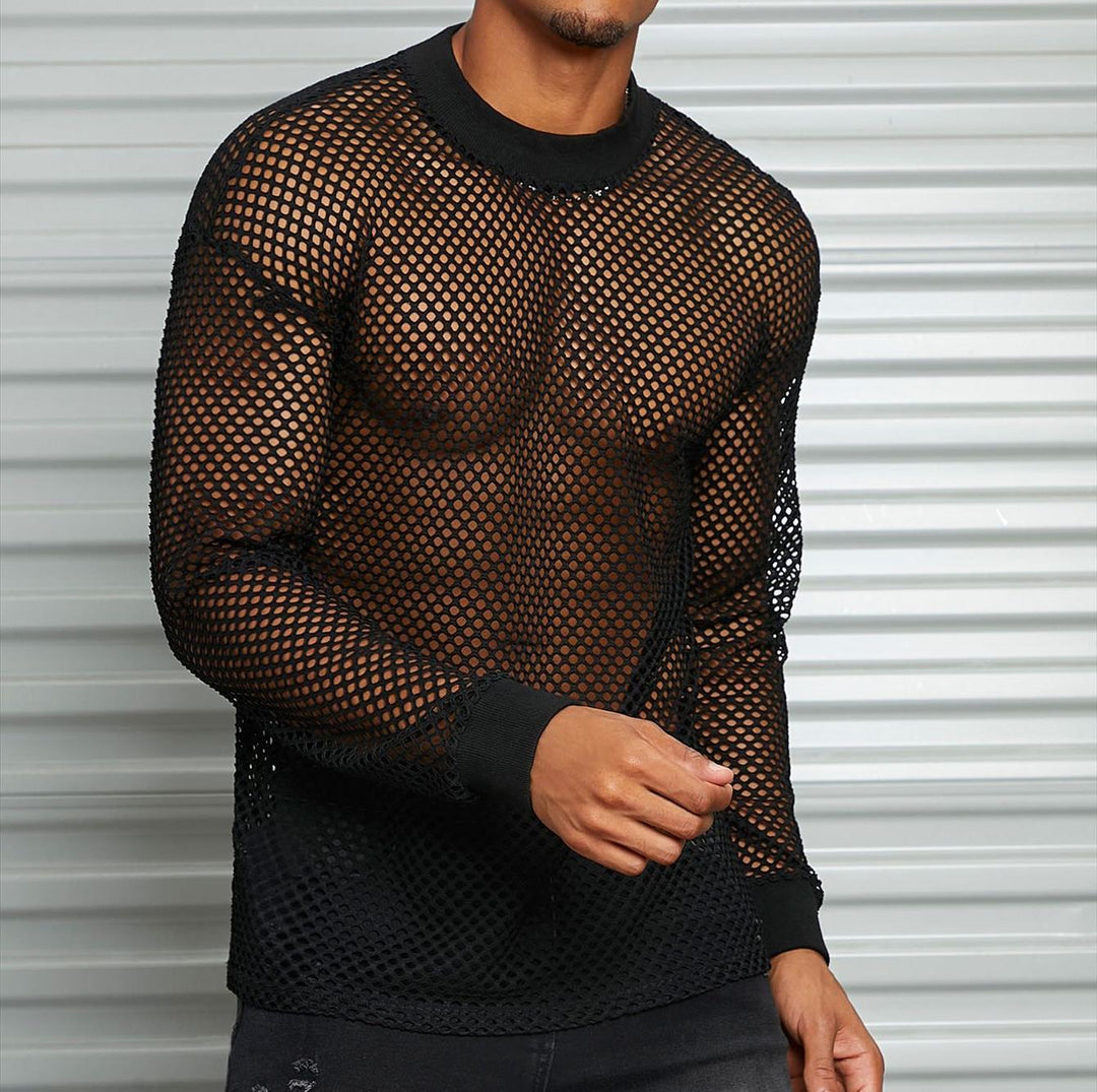 Men's transparent mesh long sleeve shirt with round neck and ribbed cuffs Mune Fashion