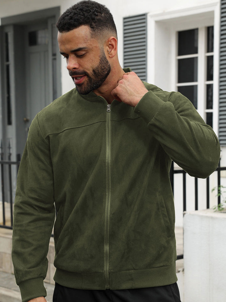 Men's subtle velour bomber jacket with stand-up collar, full zip and ribbed cuffs Mune Fashion